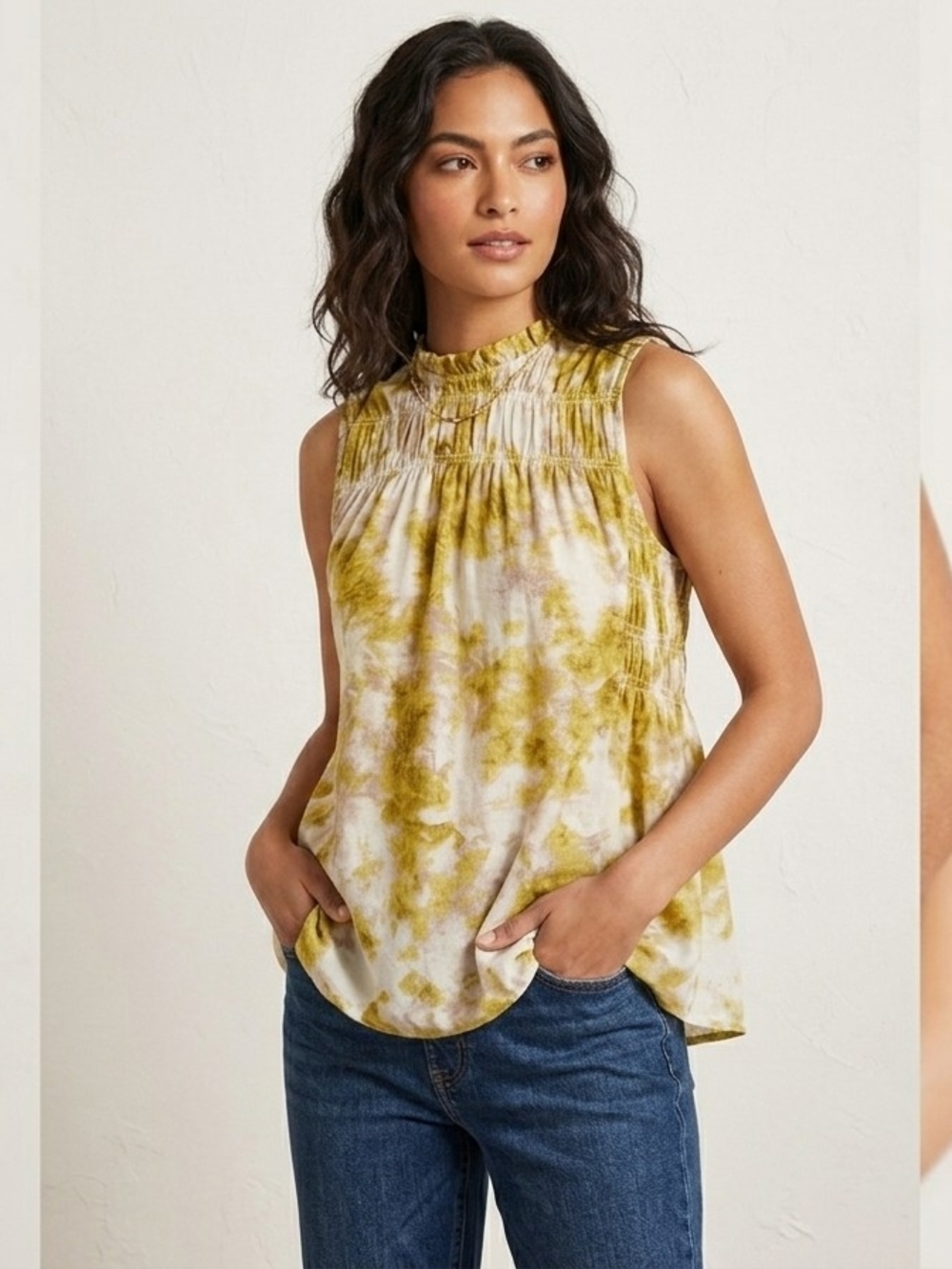 Joie Yellow Tie-Dye Smocked Neck Sleeveless Camisole